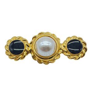 Vintage AK Signed Anne Klein Pin Brooch Gold Tone Faux Pearl Faux Onyx Accents
